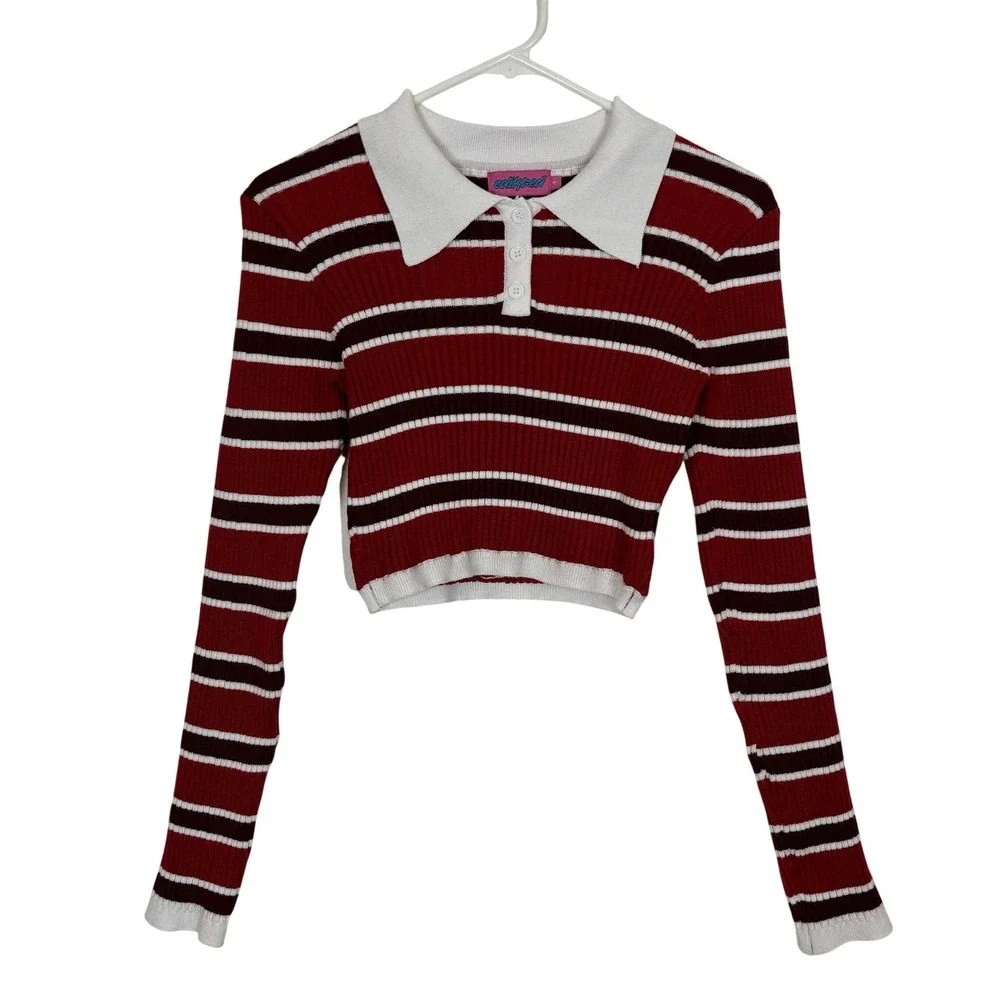 Edikted Striped Crop Top Womens S Red Ribbed Polo Y2K Retro Preppy Academia - Picture 2 of 12